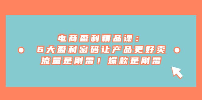 电商 盈利精品课：6大盈利 密码让产品更好卖，流量是刚需！爆款是刚需-展望网