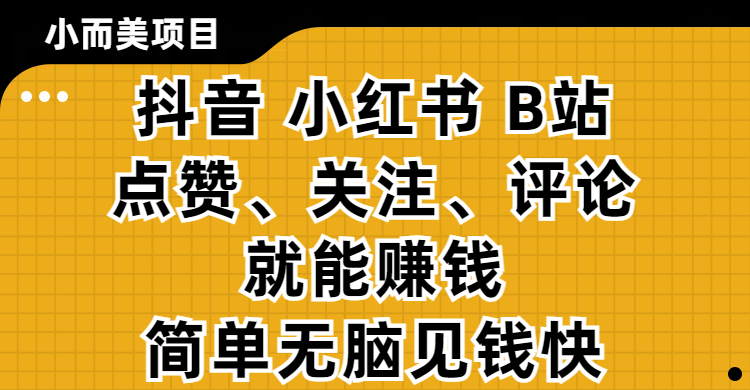 小而美的项目,抖音、小红书、B站视频点赞、关注、评论就能赚钱,简单无脑立见收益!妥妥的零撸项目-展望网